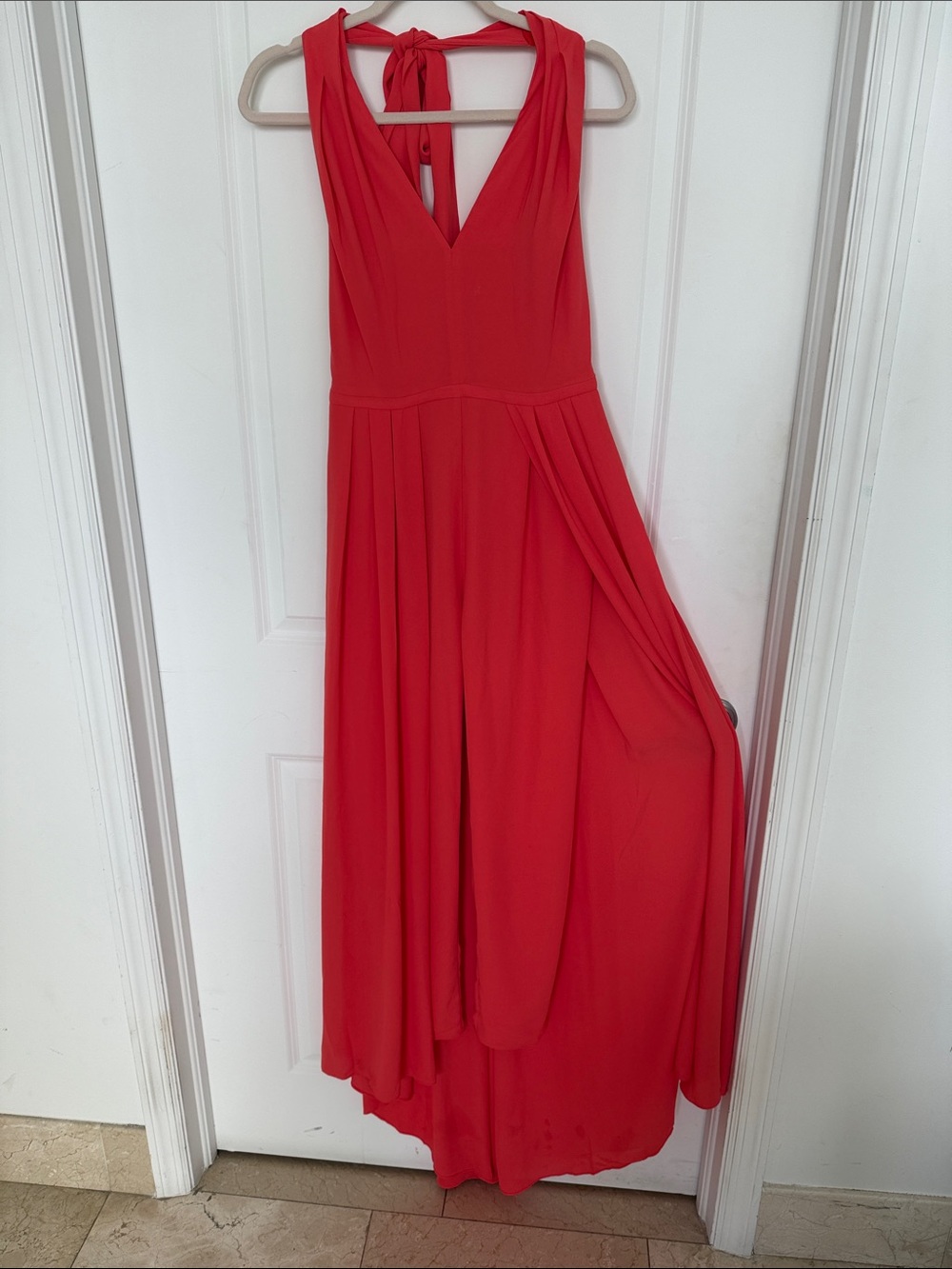 Helmut Lang Red Sleeveless High-Low V-Neck Tie-Back Dress
